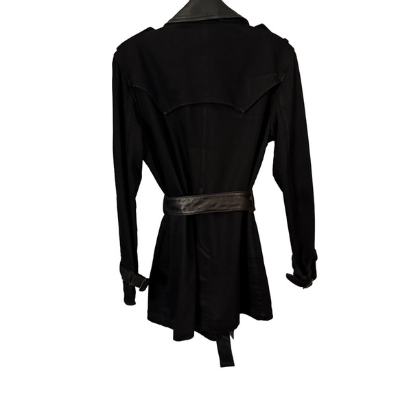 RALPH LAUREN Womens Black Denim Trench Coat Jacket Leather Collar Vtg Sz M - Picture 2 of 12